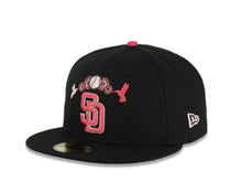 Load image into Gallery viewer, San Diego Padres New Era MLB 59FIFTY 5950 Fitted Cap Hat Black Crown/Visor Magenta/White Logo With Hummingbirds 1998 World Series Side Patch Gray UV
