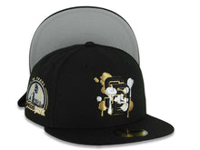 Load image into Gallery viewer, San Diego Padres New Era MLB 59FIFTY 5950 Fitted Cap Hat Black Crown/Visor Black/Metallic Gold/White Splatter Logo 10 Years Petcopark Side Patch
