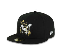 Load image into Gallery viewer, San Diego Padres New Era MLB 59FIFTY 5950 Fitted Cap Hat Black Crown/Visor Black/Metallic Gold/White Splatter Logo 10 Years Petcopark Side Patch

