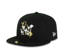 Load image into Gallery viewer, Los Angeles Dodgers New Era MLB 59FIFTY 5950 Fitted Cap Black Crown/Visor Black/White/Gold Splatter Logo 9x World Series Champions Side Patch Gray UV

