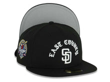 Load image into Gallery viewer, San Diego Padres New Era MLB 59FIFTY 5950 Fitted Cap Hat Black Crown/Visor White East County Script/Text Logo 40th Anniversary Side Patch Gray UV
