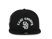 Load image into Gallery viewer, San Diego Padres New Era MLB 59FIFTY 5950 Fitted Cap Hat Black Crown/Visor White East County Script/Text Logo 40th Anniversary Side Patch Gray UV
