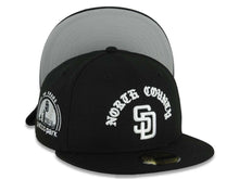 Load image into Gallery viewer, San Diego Padres New Era MLB 59FIFTY 5950 Fitted Cap Hat Black Crown/Visor White North County Script/Text Logo 10 Years Petcopark Side Patch Gray UV
