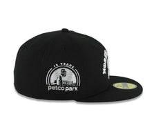 Load image into Gallery viewer, San Diego Padres New Era MLB 59FIFTY 5950 Fitted Cap Hat Black Crown/Visor White North County Script/Text Logo 10 Years Petcopark Side Patch Gray UV
