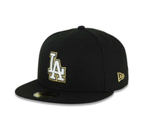 Load image into Gallery viewer, Los Angeles Dodgers New Era MLB 59FIFTY 5950 Fitted Cap Hat Black Crown/Visor White/Black/Metallic Gold Logo Aztec Calendar Side Patch Gray UV
