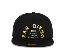 Load image into Gallery viewer, San Diego Padres New Era MLB 9FIFTY 950 Snapback Cap Hat Black Crown/Visor Metallic Gold 1969 Major League Baseball Text/Script Logo Gray UV
