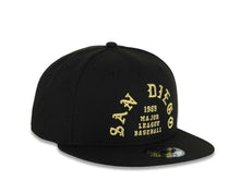 Load image into Gallery viewer, San Diego Padres New Era MLB 9FIFTY 950 Snapback Cap Hat Black Crown/Visor Metallic Gold 1969 Major League Baseball Text/Script Logo Gray UV
