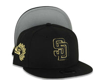 Load image into Gallery viewer, (Youth)San Diego Padres New Era MLB 9FIFTY 950 Kid Snapback Cap Hat Black Crown/Visor Black/Metallic Gold Logo Mexico Eagle Side Patch Gray UV
