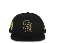 Load image into Gallery viewer, (Youth)San Diego Padres New Era MLB 9FIFTY 950 Kid Snapback Cap Hat Black Crown/Visor Black/Metallic Gold Logo Mexico Eagle Side Patch Gray UV
