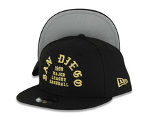 Load image into Gallery viewer, (Youth)San Diego Padres New Era MLB 9FIFTY 950 Kid Snapback Cap Hat Black Crown/Visor Metallic Gold 1969 Major League Baseball Script Logo Gray UV
