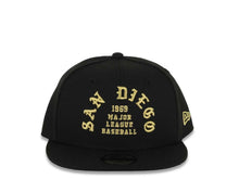 Load image into Gallery viewer, (Youth)San Diego Padres New Era MLB 9FIFTY 950 Kid Snapback Cap Hat Black Crown/Visor Metallic Gold 1969 Major League Baseball Script Logo Gray UV
