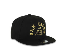 Load image into Gallery viewer, (Youth)San Diego Padres New Era MLB 9FIFTY 950 Kid Snapback Cap Hat Black Crown/Visor Metallic Gold 1969 Major League Baseball Script Logo Gray UV
