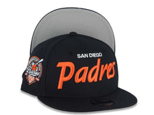 Load image into Gallery viewer, (Youth)San Diego Padres New Era MLB 9FIFTY 950 Kid Snapback Cap Hat Navy Blue Crown/Visor White/Orange Script Logo 40th Anniversary Side Patch Gray UV
