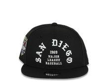 Load image into Gallery viewer, (Youth)San Diego Padres New Era MLB 9FIFTY 950 Snapback Cap Hat Black Crown/Visor White 1969 Major League Baseball Logo 40th Anniversary Side Patch
