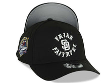Load image into Gallery viewer, San Diego Padres New Era MLB 9FORTY 940 Adjustable A-Frame Cap Hat Black Crown/Visor White Friar Faithful Text Logo 40th Anniversary Side Patch 
