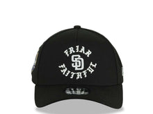Load image into Gallery viewer, San Diego Padres New Era MLB 9FORTY 940 Adjustable A-Frame Cap Hat Black Crown/Visor White Friar Faithful Text Logo 40th Anniversary Side Patch 
