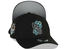 Load image into Gallery viewer, San Diego Padres New Era MLB 9FORTY 940 Adjustable A-Frame Cap Hat Black Crown/Visor Black/White/Teal Logo With Floral  40th Anniversary Side Patch
