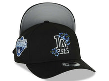 Load image into Gallery viewer, Los Angeles Dodgers New Era MLB 9FORTY 940 Adjustable A-Frame Cap Black Crown/Visor Black/Blue Floral Logo Back To Back World Series Champs Side Patch
