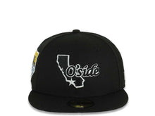 Load image into Gallery viewer, Oceanside California Map New Era 59FIFTY 5950 Fitted Cap Hat Black Crown/Visor Black/White Logo South Bay Pier Side Patch Gray UV
