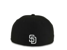 Load image into Gallery viewer, San Diego Padres New Era MLB 59FIFTY 5950 Fitted Cap Hat Black Crown/Visor White/Teal/Pink With Flame/Fire Logo 40th Anniversary Side Patch Gray UV
