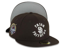 Load image into Gallery viewer, San Diego Padres New Era MLB 59FIFTY 5950 Fitted Cap Hat Dark Brown Crown/Visor White Friar Faithful Text/Script Logo 40th Anniversary Side Patch

