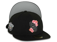 Load image into Gallery viewer, San Diego Padres New Era MLB 59FIFTY 5950 Fitted Cap Hat Black Crown/Visor Black/White/Pink Logo With Floral 1998 World Series Side Patch Gray UV
