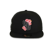 Load image into Gallery viewer, San Diego Padres New Era MLB 59FIFTY 5950 Fitted Cap Hat Black Crown/Visor Black/White/Pink Logo With Floral 1998 World Series Side Patch Gray UV
