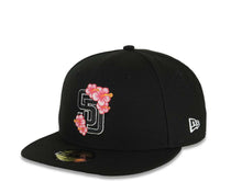 Load image into Gallery viewer, San Diego Padres New Era MLB 59FIFTY 5950 Fitted Cap Hat Black Crown/Visor Black/White/Pink Logo With Floral 1998 World Series Side Patch Gray UV
