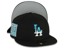 Load image into Gallery viewer, Los Angeles Dodgers New Era MLB 59FIFTY 5950 Fitted Cap Hat Black Crown/Visor White/Teal Drip Logo Back To Back 9x World Series Champions Side Patch
