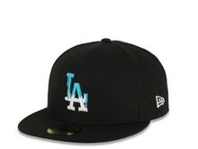 Load image into Gallery viewer, Los Angeles Dodgers New Era MLB 59FIFTY 5950 Fitted Cap Hat Black Crown/Visor White/Teal Drip Logo Back To Back 9x World Series Champions Side Patch
