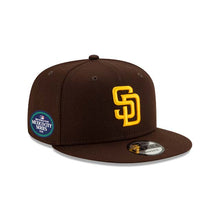 Load image into Gallery viewer, San Diego Padres New Era MLB 9FIFTY 950 Snapback Cap Hat Dark Brown Crown/Visor Yellow Logo 2026 MLB World Tour Mexico City Series Side Patch

