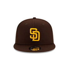 Load image into Gallery viewer, San Diego Padres New Era MLB 9FIFTY 950 Snapback Cap Hat Dark Brown Crown/Visor Yellow Logo 2026 MLB World Tour Mexico City Series Side Patch
