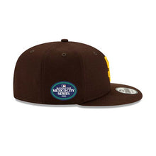 Load image into Gallery viewer, San Diego Padres New Era MLB 9FIFTY 950 Snapback Cap Hat Dark Brown Crown/Visor Yellow Logo 2026 MLB World Tour Mexico City Series Side Patch
