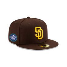 Load image into Gallery viewer, San Diego Padres New Era MLB 59FIFTY 5950 Fitted Cap Hat Dark Brown Crown/Visor Yellow Logo 2026 MLB World Tour Mexico City Series Side Patch
