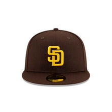 Load image into Gallery viewer, San Diego Padres New Era MLB 59FIFTY 5950 Fitted Cap Hat Dark Brown Crown/Visor Yellow Logo 2026 MLB World Tour Mexico City Series Side Patch
