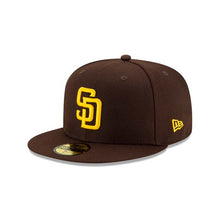 Load image into Gallery viewer, San Diego Padres New Era MLB 59FIFTY 5950 Fitted Cap Hat Dark Brown Crown/Visor Yellow Logo 2026 MLB World Tour Mexico City Series Side Patch
