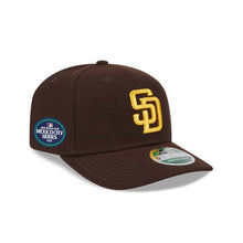 Load image into Gallery viewer, San Diego Padres New Era MLB 9SEVENTY 970 Stretch-Snap Cap Hat Dark Brown Crown/Visor Yellow Logo 2026 MLB World Tour Mexico City Series Side Patch
