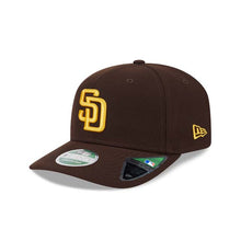 Load image into Gallery viewer, San Diego Padres New Era MLB 9SEVENTY 970 Stretch-Snap Cap Hat Dark Brown Crown/Visor Yellow Logo 2026 MLB World Tour Mexico City Series Side Patch
