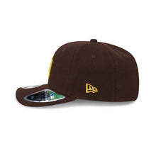 Load image into Gallery viewer, San Diego Padres New Era MLB 9SEVENTY 970 Stretch-Snap Cap Hat Dark Brown Crown/Visor Yellow Logo 2026 MLB World Tour Mexico City Series Side Patch
