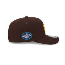 Load image into Gallery viewer, San Diego Padres New Era MLB 9SEVENTY 970 Stretch-Snap Cap Hat Dark Brown Crown/Visor Yellow Logo 2026 MLB World Tour Mexico City Series Side Patch
