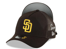 Load image into Gallery viewer, San Diego Padres New Era MLB 9FORTY 940 Adjustable A-Frame Mesh Trucker Cap Hat Brown Crown/Visor Yellow Logo San Diego Script Side Patch Gray UV
