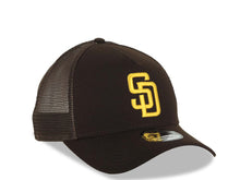Load image into Gallery viewer, San Diego Padres New Era MLB 9FORTY 940 Adjustable A-Frame Mesh Trucker Cap Hat Brown Crown/Visor Yellow Logo San Diego Script Side Patch Gray UV
