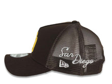 Load image into Gallery viewer, San Diego Padres New Era MLB 9FORTY 940 Adjustable A-Frame Mesh Trucker Cap Hat Brown Crown/Visor Yellow Logo San Diego Script Side Patch Gray UV
