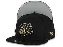 Load image into Gallery viewer, Charros de Jalisco New Era LMP 59FIFTY 5950 Fitted Cap Hat Black Crown/Visor Black/Metallic Gold Logo Gray UV

