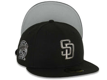 Load image into Gallery viewer, San Diego Padres New Era MLB 59FIFTY 5950 Fitted Cap Hat Black Crown/Visor Metallic Dark Gray Logo 25th Anniversary Side Patch Gray UV
