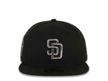Load image into Gallery viewer, San Diego Padres New Era MLB 59FIFTY 5950 Fitted Cap Hat Black Crown/Visor Metallic Dark Gray Logo 25th Anniversary Side Patch Gray UV
