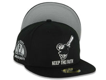 Load image into Gallery viewer, San Diego Padres New Era MLB 59FIFTY 5950 Fitted Cap Black Crown/Visor Black Swinging Friar Logo Keep The Faith Script 10 Years Petco Park Side Patch
