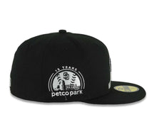 Load image into Gallery viewer, San Diego Padres New Era MLB 59FIFTY 5950 Fitted Cap Black Crown/Visor Black Swinging Friar Logo Keep The Faith Script 10 Years Petco Park Side Patch
