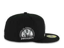 Load image into Gallery viewer, San Diego Padres New Era MLB 59FIFTY 5950 Fitted Cap Black Crown/Visor Black Swinging Friar Logo Keep The Faith Script 10 Years Petco Park Side Patch
