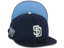 Load image into Gallery viewer, San Diego Padres New Era MLB 59FIFTY 5950 Fitted Cap Hat Navy Blue Crown/Visor Metallic White/Metallic Dark Gray Logo 1998 World Series Side Patch
